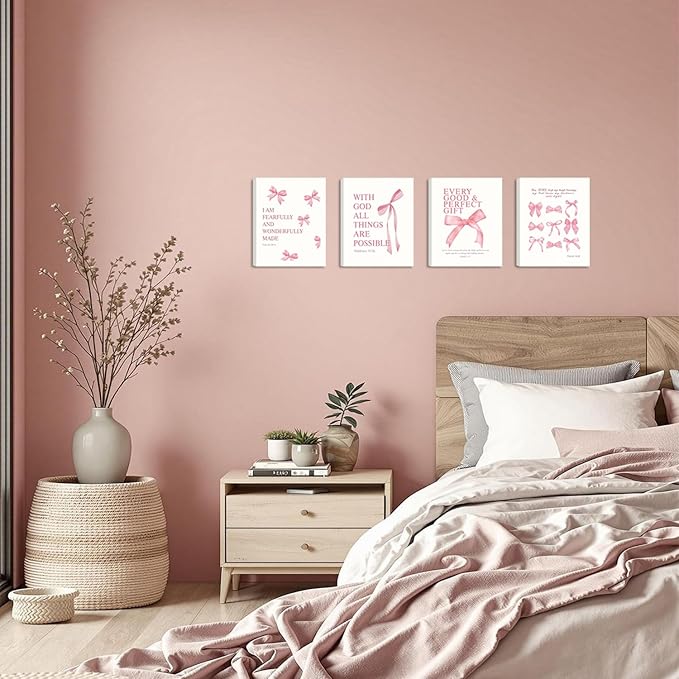 SEHSUVC Coquette Pink Bow Bible Verse Wall Art Set of 4, Christian Scripture Inspirational Canvas Prints, Cute Girly Preppy Aesthetic Religious Wall Decor for Bedroom Nursery Living Room Home 8x10In Framed