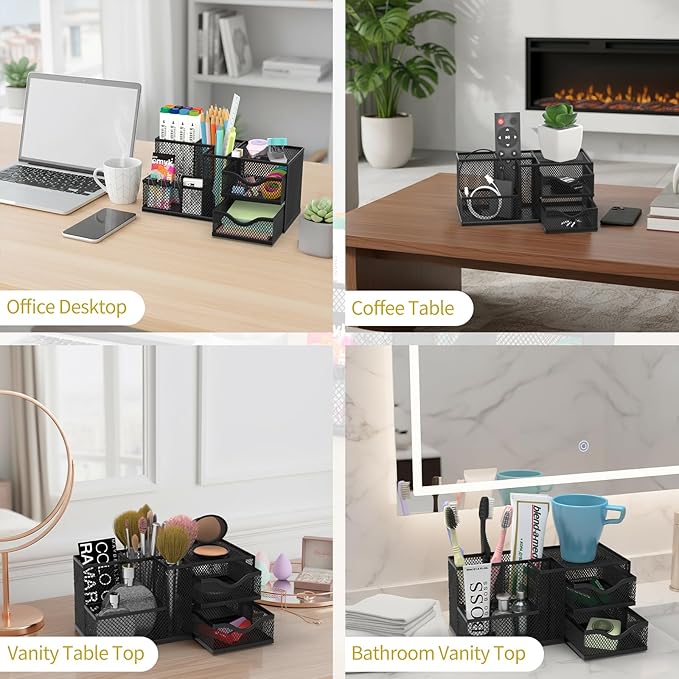 Mesh Desk Organizer, Pen Organizer with 2 Drawers and 5 Compartments, Versatile Pen Holder for Small Space, Desk Organizers and Accessories for School Office Supplies, Black