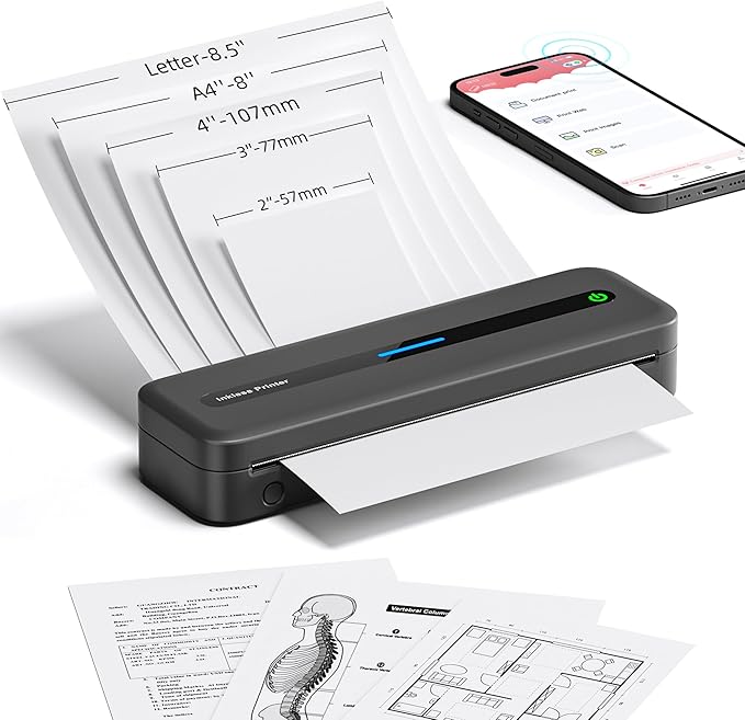 Portable Printer, 300DPI Wireless Bluetooth Thermal Printers, Support Multi-Size Thermal Paper, Compatible with iOS, Android & PC, Inkless Mobile Printer for Travel, Office, School, Gray