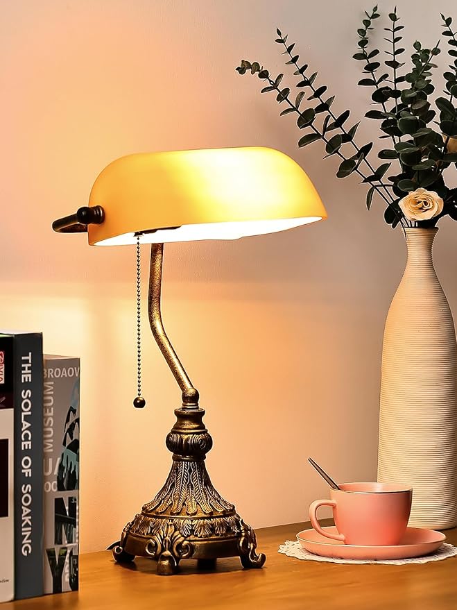 Newrays Vintage Amber Glass Bankers Desk Lamp for Home Office,Library with Pull Chain Switch Plug in Fixture, LED Bulb Included