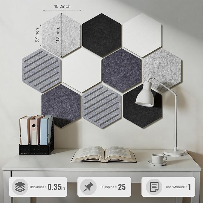Hexagon Cork Bulletin Board Tiles, 10 Pack Felt Board with 25 Push Pins, Photo Display Board for Office & Home Classroom Wall Decor, 11.8x10.2 Inches