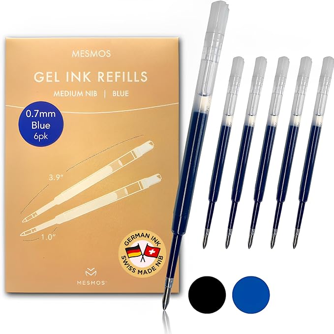 MESMOS 6 Pack 0.7mm tip, 3.9 inch (9.8cm) Gel Pen Refills, German-Made Ink and Swiss-Made Nib, Compatible with Parker Pen, Replacement Ink Refills, Smooth Writing (Blue Ink)