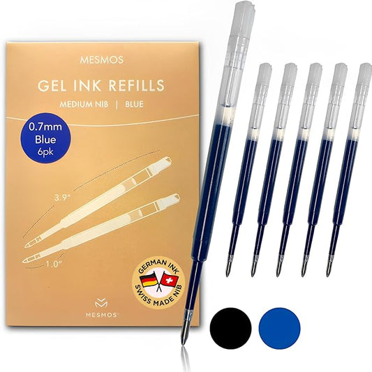MESMOS 6 Pack 0.7mm tip, 3.9 inch (9.8cm) Gel Pen Refills, German-Made Ink and Swiss-Made Nib, Compatible with Parker Pen, Replacement Ink Refills, Smooth Writing (Blue Ink)