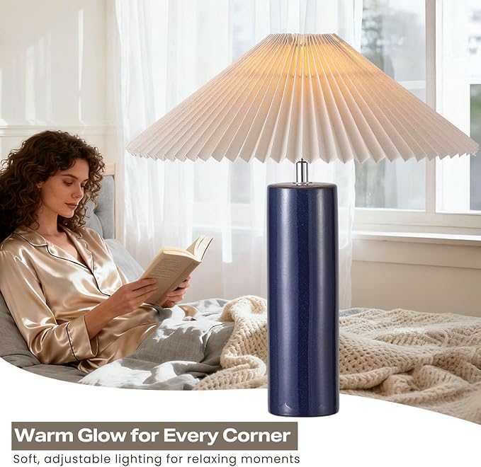 Ceramic Table Lamps for Bedroom Set of 2, Adjustable Shade Lamps for Night Stands, Modern Cylindrical Nightstand Table Lamps 5W E26 for Bedroom Bedside Buffet, Blue