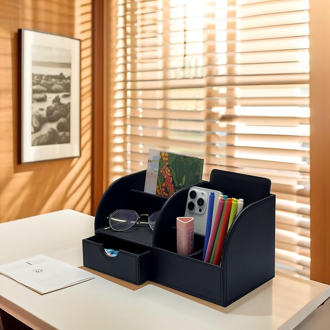 UnionBasic Desk Organizer - Multifunctional Leather Desktop Pen Holder Storage Box - Business Card/Pen/Pencil/Mobile Phone/Stationery Holder, Black