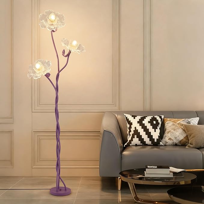 3 Light Flower Floor Lamps for Living Room, Standing Floor Lamp with Flexible Gooseneck, Unique Floor Lamp with 3 Color Temperatures, Tall Corner Floor Lamps for Living Room, Bedroom—Purple