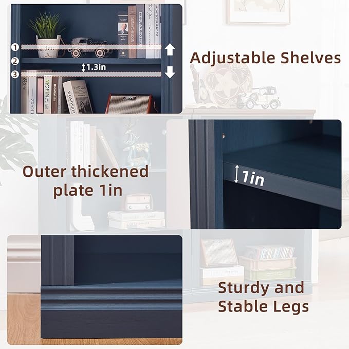 43" Blue Tall Bookshelf,3-Tier Thick Wooden Book Shelf with Adjustable Shelves,Free Standing Farmhouse Bookcase with Open Display Storage,Floor Vintage Bookshelves for Living Room,Office
