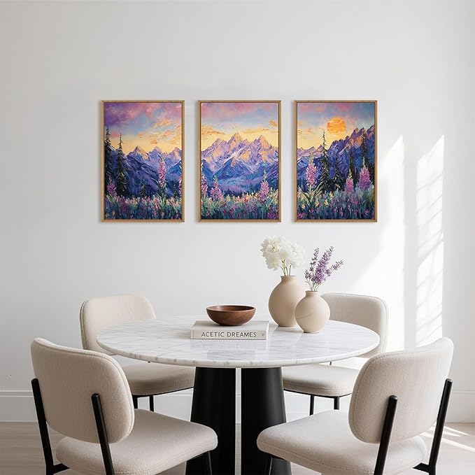 HOURIA Vintage Purple Mountain Landscape Framed Canvas Wall Art Set,Watercolor Boho Floral Tree Wall Decor,Modern Natural Soft Sunlight Field Artwork for Living Room, Bedroom,Farmhouse-16 x24 x3