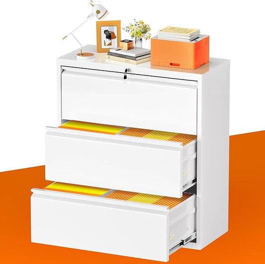 INTERGREAT 3 Drawer File Cabinet, Metal Lateral Filing Cabinet for Home Office, Locking Horizontal File Cabinets for Hanging Files Letter/Legal/F4/A4 (White)