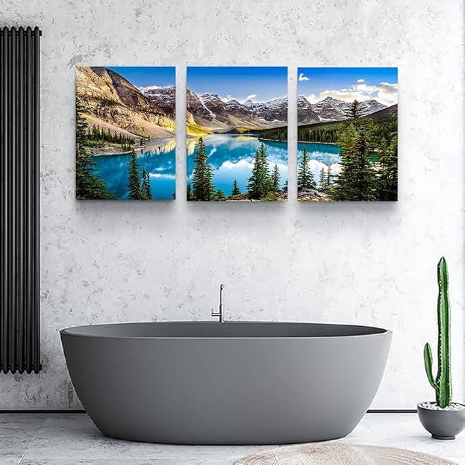 Yxbhhym Bathroom Canvas Wall Art for Living Room Lake Mountain Wall Art Landscape Picture Blue Sky Water Forest Print Scenic Nature Painting Modern Framed Office Artwork Bedroom Home Décor