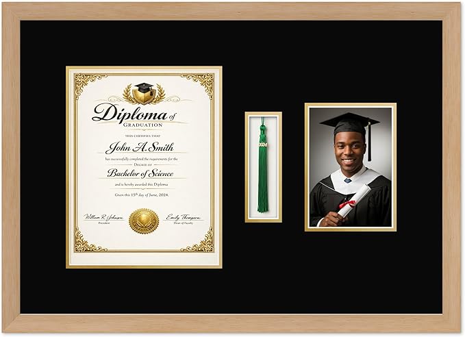 CountryArtHouse Diploma Tassel and Photo Shadowbox Fits 8.5 x 11 Certificate (Portrait) with Tassel Hook and Natural Wood Genuine Hardwood with Black Over Metallic Gold Double mat