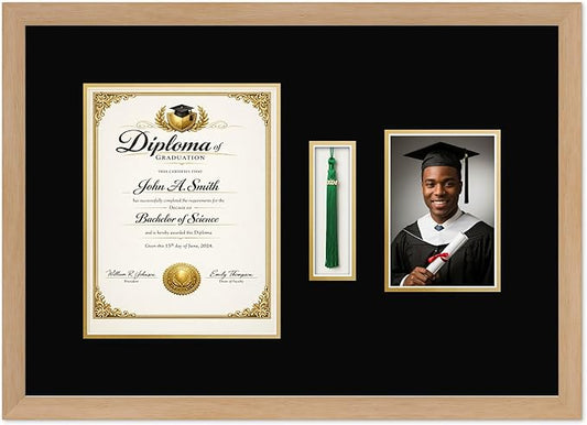 CountryArtHouse Diploma Tassel and Photo Shadowbox Fits 8.5 x 11 Certificate (Portrait) with Tassel Hook and Natural Wood Genuine Hardwood with Black Over Metallic Gold Double mat