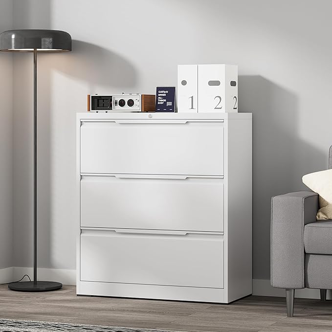 Coolsun Metal File Cabinet with Lock, 3 Drawer File Cabinet for Home Office, Lockable Lateral Filing Cabinet for A4/F4/Lagel/Letter Assembly Required (White, 3 Drawer Lateral)