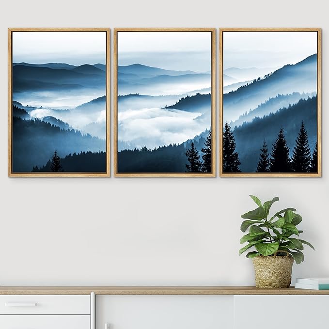 SIGNWIN Framed Canvas Print Wall Art Set Misty Blue Duotone Mountain Range Forest Nature Wilderness Photography Modern Decorative Colorful Rustic for Living Room, Bedroom, Office - 24"x36"x3 Natural