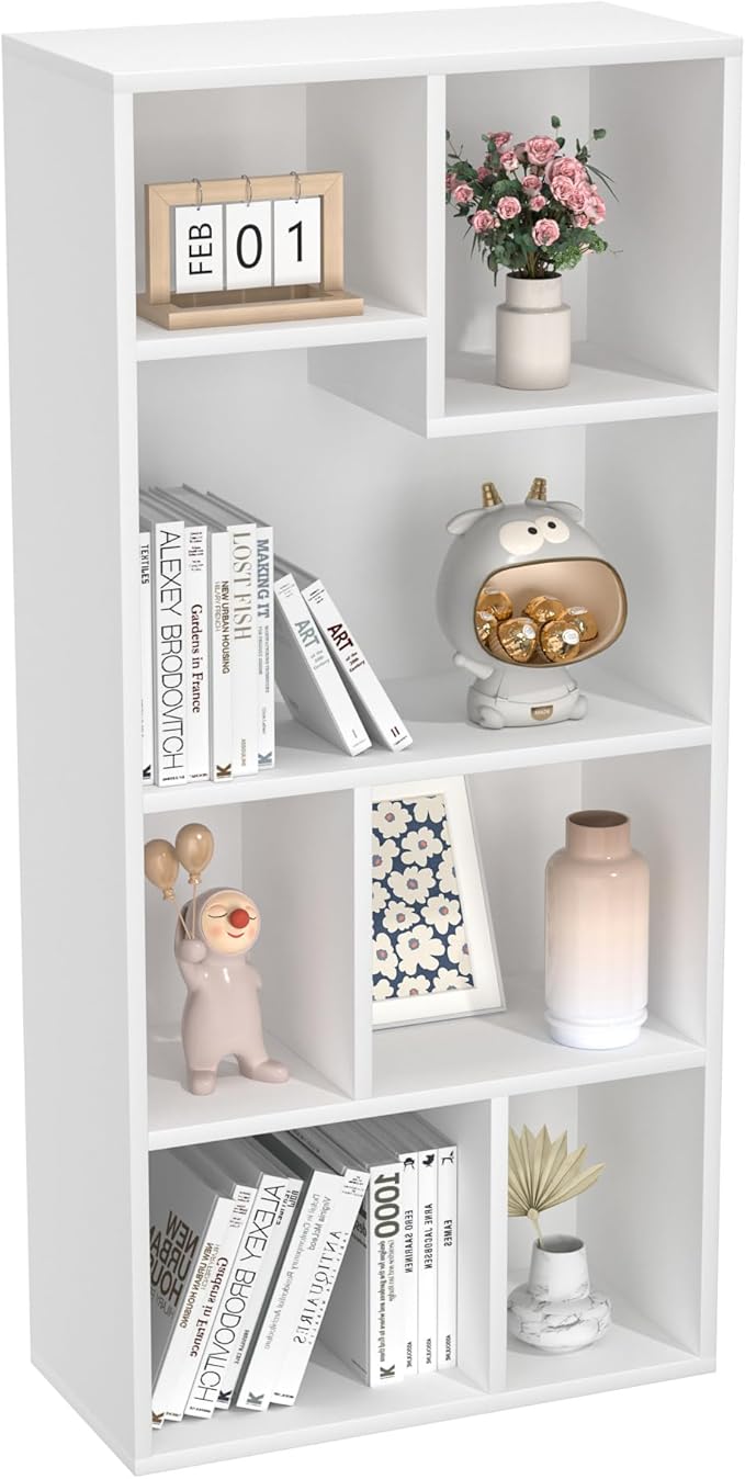 VECELO 42 Inch High Bookcase, 4-Tier Modern Storage Cabinet with Height Difference Shelves for Standard Textbooks, Floor Standing Display, 7 Cubes, Horizontal Avaiable, Easy Assembly, Pearl White