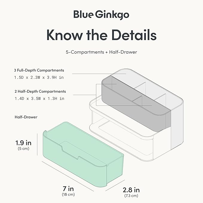 BLUE GINKGO Compact Desk Organizer – Small 5-Compartment, Half Drawer Storage – Pen Holder, Stationery Organizer for Desktop, Vanity, Shelf (Made in Korea, Transperent)