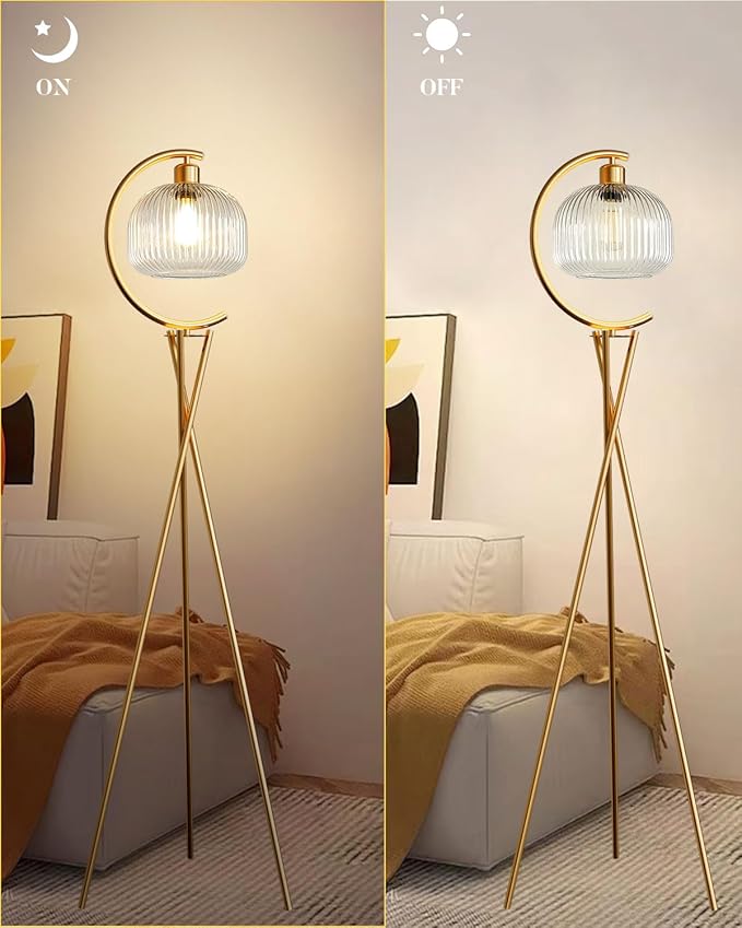 Lightdot Tripod Floor Lamp for Living Room, Gold Standing Lamp with Clear Glass Lampshade, Farmhouse Tall Lamp for Bedroom, Arced Reading Light for Home Office/Sofa Beside/Corner Decor(Bulb Included)