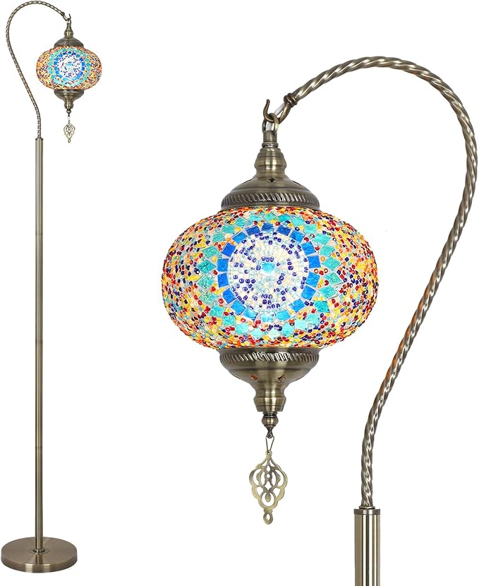Turkish Floor Lamp, Modern Moroccan Lamps for Living Room with Handmade Mosaic Glass Shade, Vintage Floor Lamp Tall Pole Lamp, Bronze Tiffany Standing Lamps for Bedroom Corner Light