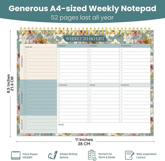 Weekly To Do List Notepad with 52 Undated Sheets（8.5"×11"）- Undated Weekly Planner Notepad for Office Desk Accessories and Supplies - Teal Petals