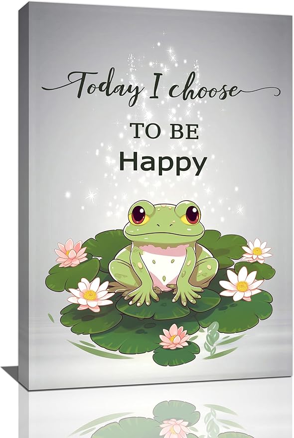 yerretin Frog Wall Art Funny Frog Lotus Pictures Wall Decor Flower Canvas Painting Modern Artwork Home Decorations for Bathroom Living Room Bedroom Office Framed 16"x24"