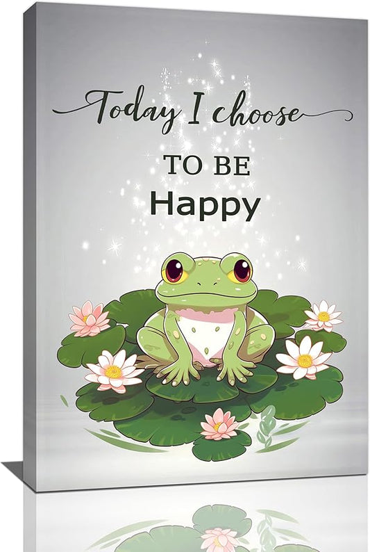 yerretin Frog Wall Art Funny Frog Lotus Pictures Wall Decor Flower Canvas Painting Modern Artwork Home Decorations for Bathroom Living Room Bedroom Office Framed 16"x24"