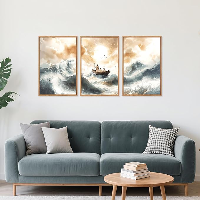 CHDITB Matthew 8:23-34 Jesus Calms The Storm Framed Canvas Wall Art(16"x24"), 3 Panels Watercolor Christian Bible Story Artwork Prints, Large Religious Faith LDS Decor for Home Office Bedroom