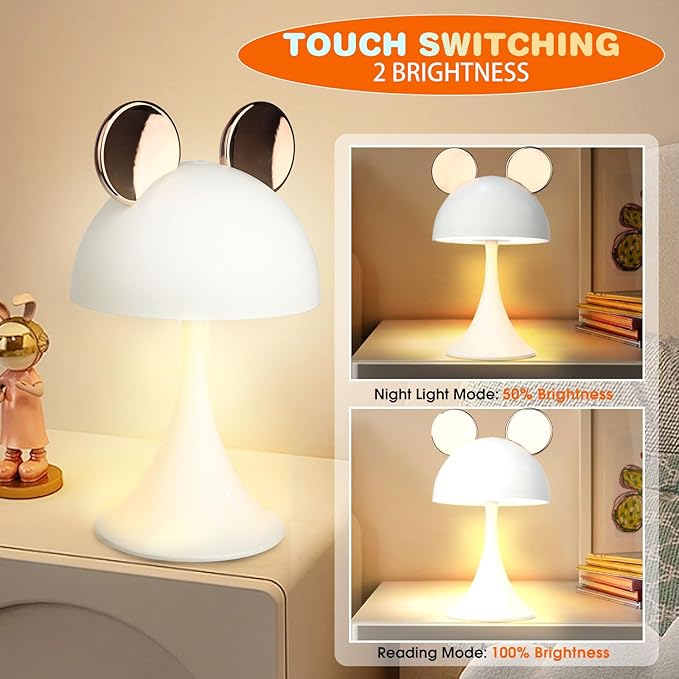 Rechargeable Mouse-Shaped LED Bedside Lamp – Kids Room Night Light with Touch Dimming & 3 Color Temperatures (Gold)