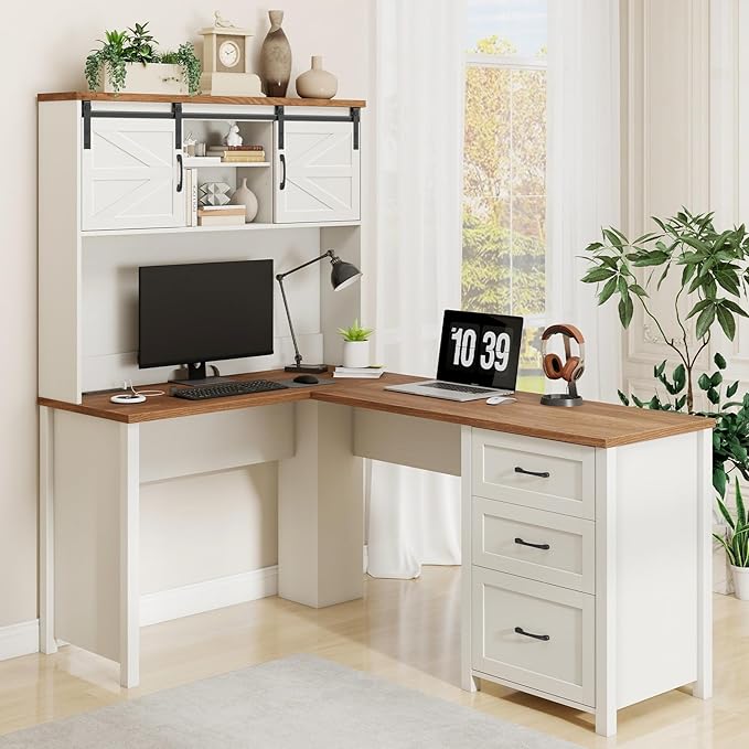 Farmhouse 68"H L Shaped Desk with Hutch,Office Table with 3 Drawers and Sliding Doors, Executive Desk with File Drawers and Charging Station,Workstation for Home Office & Study, Unique White.