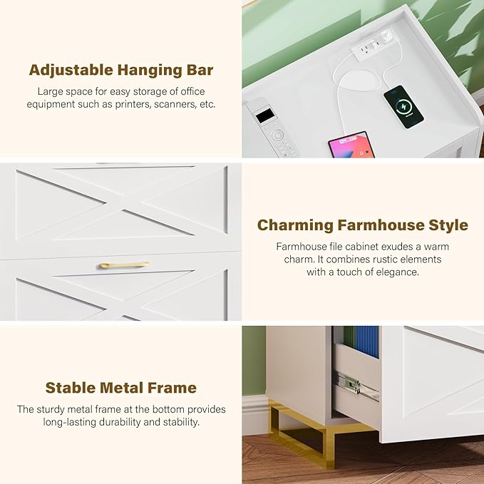 Vabches File Cabinet 3 Drawers Lateral File Cabinet with Charging Station for Letter/Legal/A4 Size Hanging Files, Large Wood File Storage Cabinets Printer Stand for Home Office, White and Gold