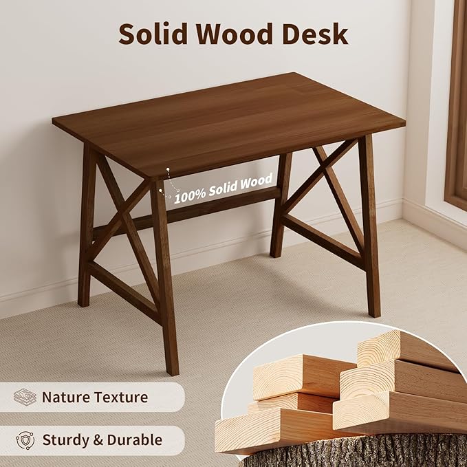 Modern Solid Wood Desk - 36" Simple Computer Table for Home Office Study Writing Workstation in Walnut, 36" W x 24" D