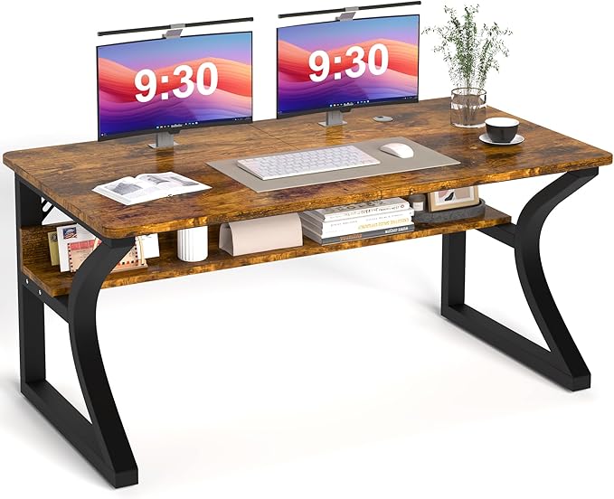 55 inch Computer Desk, Office Desk w/Storage Shelf & Cable Management, Work Table w/Sturdy U-Shaped Metal Frame & Deeper Desktop, Study Writing Desk for Home Office Bedroom (Brown, 55inch)