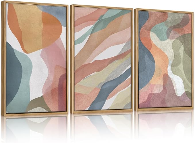 CHDITB Colorful Abstract Vibrant Pastel Framed Canvas Wall Art (24"x36"), 3 Panels Muticolor Modern Shape Block Groovy Artwork, Large Watercolor Minimalist Green Blue Yellow Aesthetic Art Decor Paintings for Bedroom Living Room Office