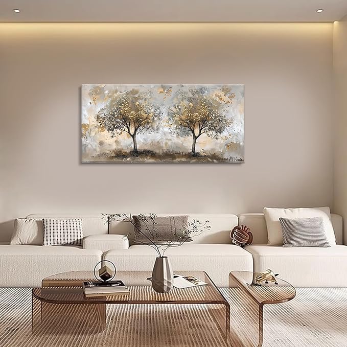 Boswaydeco Landscape Gold Tree Wall Art - Autumn Golden Forest Canvas Painting for Bedroom, Living Room, Office Decor - Gold Brown Picture Print