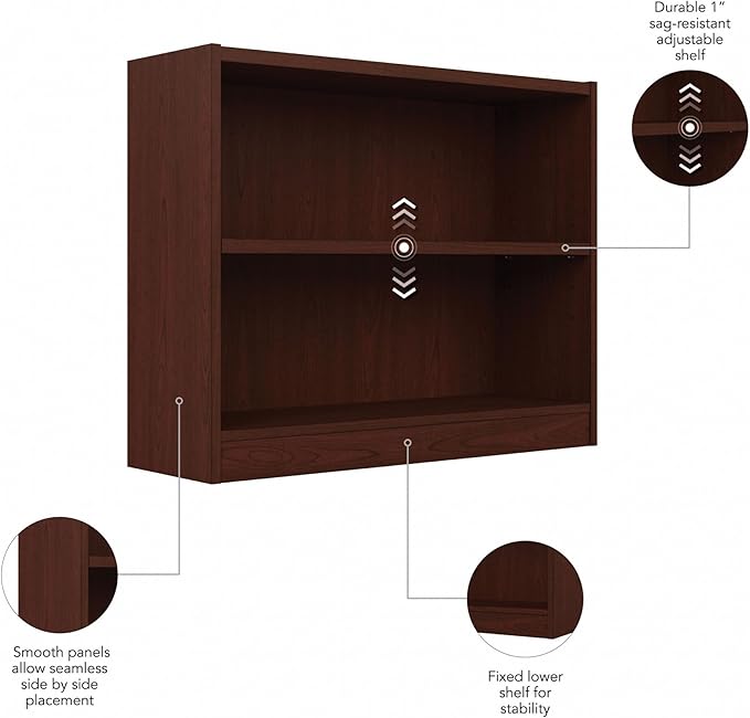 Bush Home Universal Small 2 Shelf Bookcase in Vogue Cherry, Low Storage and Display Bookshelf for Home Office or Living Room Organization