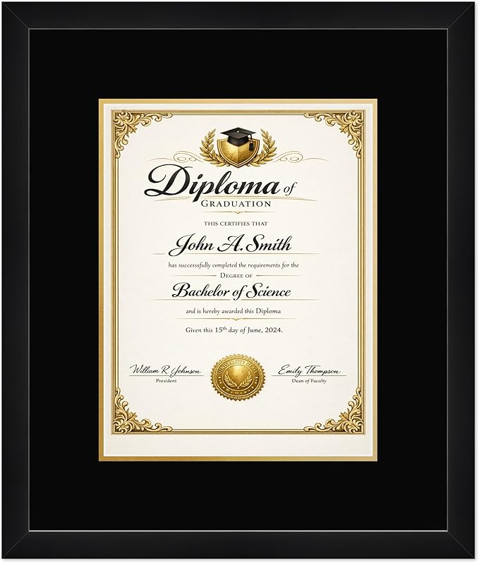 CountryArtHouse Diploma Frame Fits 10 x 13 College Diploma (Portrait Traditional) - Keepsake Graduation Displ Matte Black Genuine Hardwood with Black Over Metallic Gold Double mat