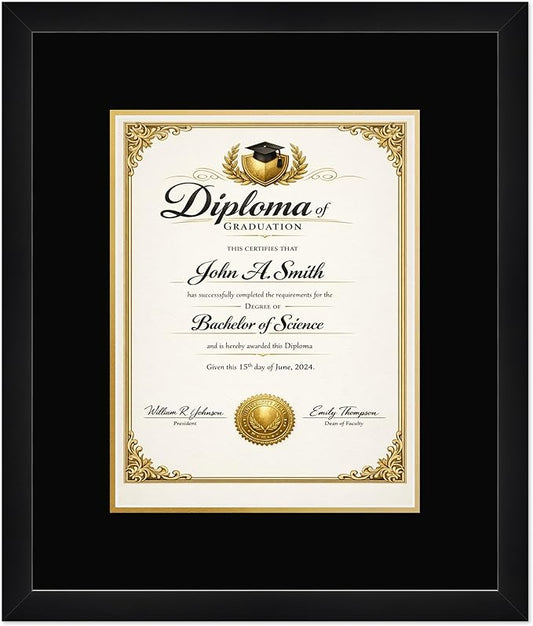 CountryArtHouse Diploma Frame Fits 10 x 13 College Diploma (Portrait Traditional) - Keepsake Graduation Displ Matte Black Genuine Hardwood with Black Over Metallic Gold Double mat