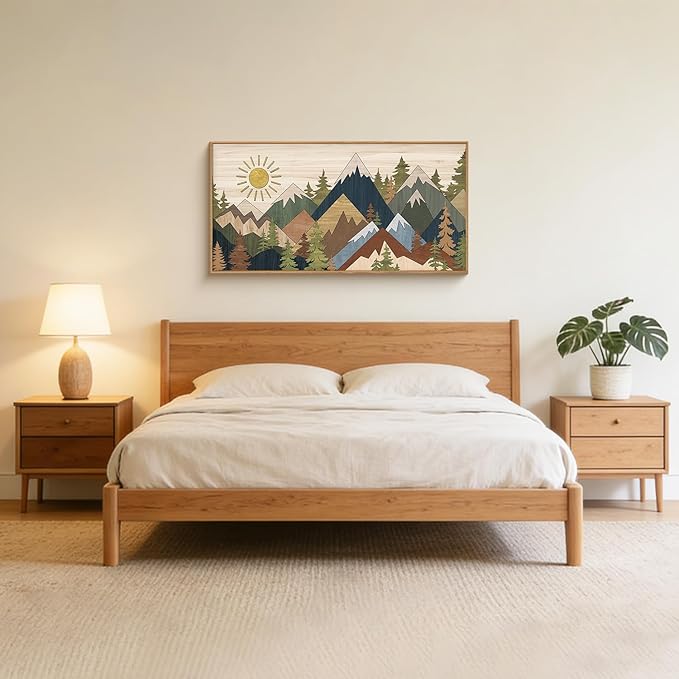 Large Abstract Mountain Woodcut Framed Canvas Wall Art,Vintage Pine Tree Wall Decor,Rustic Nature Forest Painting,Neutral Artwork for Living Room,Bedroom,Dining Room,Farmhouse - 20"x40"x1