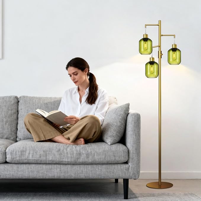 Glass Floor Lamps for Living Room, Modern Standing Lamps with Green Shade, Dimmable Green Tall Floor Lamp, Mid Century Gold 3 Lights Tall Tree Lamp with 3 LED Bulbs