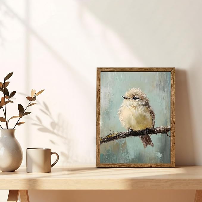 AVECCO Framed Vintage Funny Birds Canvas Wall Art, Bird Rustic Farmhouse Wall Decor, Unique Animal Art Prints for Kid's Room Bathroom Bedroom Living Room Office Home Decoration Ready to Hang 8x10 In