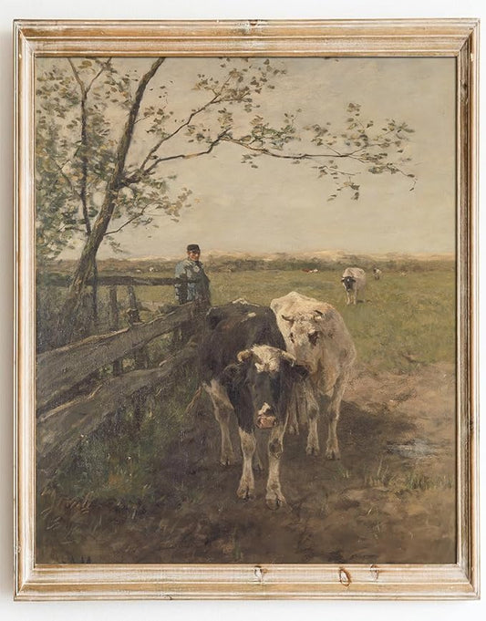 Kizbok Vintage Wall Art Print - Retro Rustic Country Spring Landscape Canvas Oil Painting, Antique Cow Farm Animal Poster for Vintage Room Decor, Cozy Bedroom & Bathroom Decor (8" x 10" - UNFRAMED)