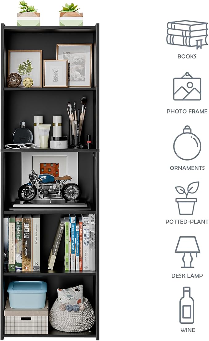 SUPER DEAL 5-Tier Bookcase and Bookshelf, Open Storage Shelves Narrow Tall Freestanding Cube Display Shelf for Bedroom Home Office Apartment Small Spaces, 52 Inch Black