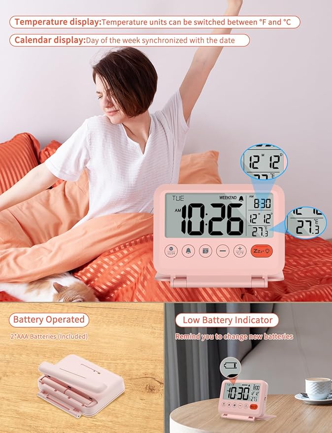 Digital Travel Alarm Clock - 3.54 inch LCD Display, 9-Minute Snooze, 2 Volume Levels, Backlight, Battery Included (Pink)