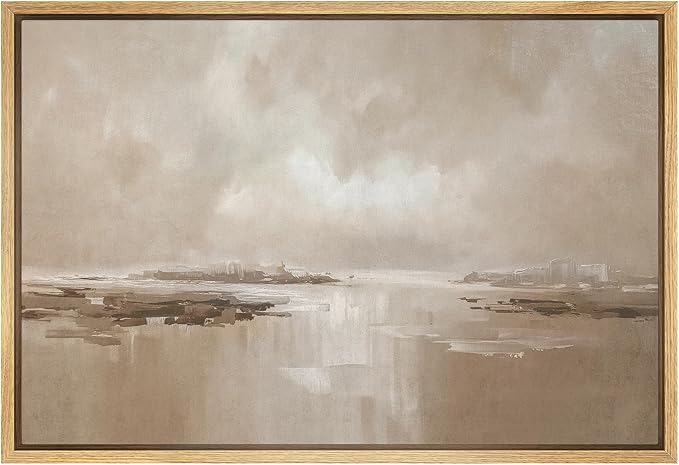 SIGNWIN Framed Canvas Print Wall Art Calm Coastal Horizon in Warm Neutral Tones Panorama Illustrations Modern Decorative for Living Room, Bedroom, Office - 24"x36" NATURAL