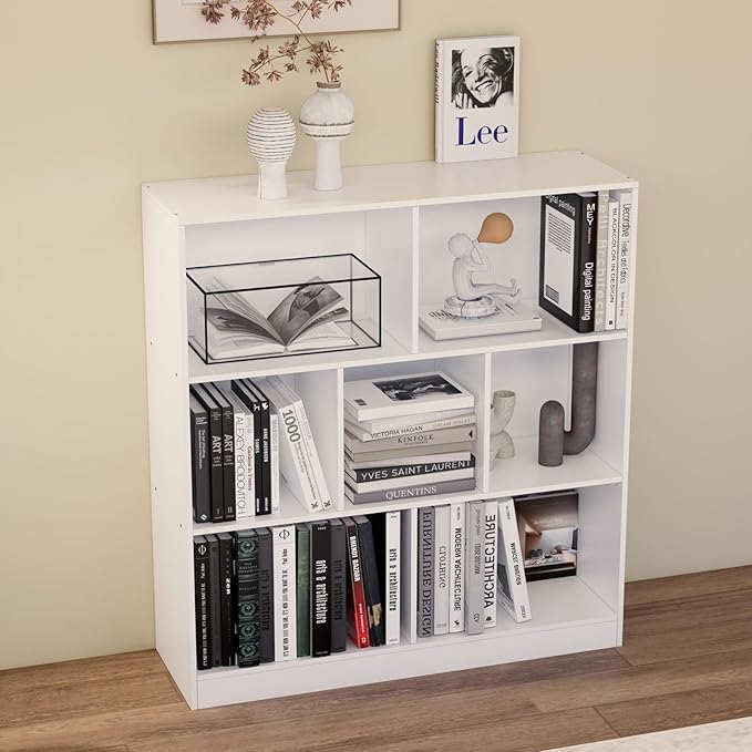 7-Cube Wooden Bookshelf with Base,3-Tier Freestanding Open Storage Organizer,Multi-Functional Bookcase for Living Room,Bedroom,Study and Office (White, 7-Cube)