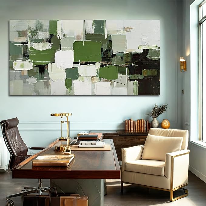 ZUNARE Contemporary Abstract Canvas Wall Art Geometric Block Print in Green White Black and Gray, Minimal Modern Artwork for Living Room Bedroom Office Kitchen 29"x58"