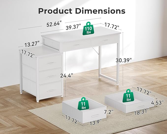 ODK Computer Desk with 5 Drawers, 53 Inch Office Desk for Kids Study, White Vanity Desk for Girls Dressing Room, Small Computer Table for Bedroom, White