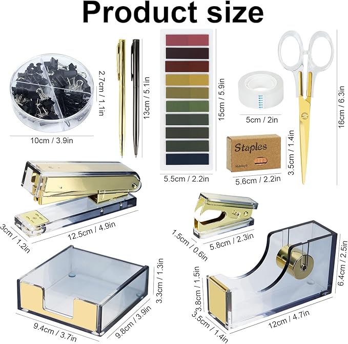 Multibey 11-Piece Gradient Acrylic Desk Accessories Set, Sticky Notes Holder, Stapler and Tape Dispenser, Staple Remover, Sticky Notes, Paper Clips, Scissor, Ballpoint Pen for Home Office Supplies