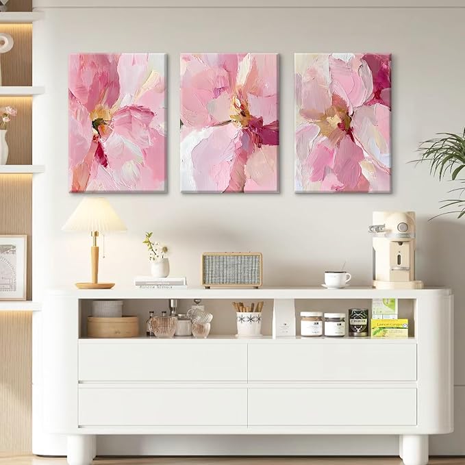 Abstract Floral Wall Art Pink Flower Canvas Pictures Modern Wall Decor Blush Pastel Pink Prints Peony Painting Minimalist Poster Botanical Artwork for Bedroom Living Room 12x16x3 Inch Ready to Hang