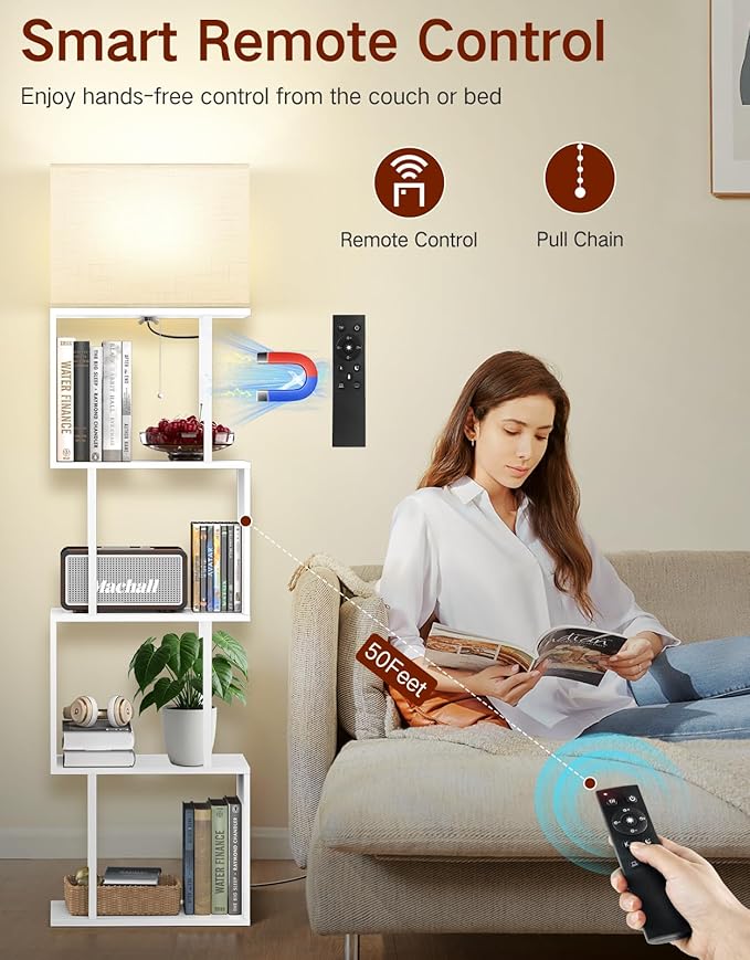 5-Tier Floor Lamp with Shelves & Remote, Dimmable S-Shaped Bookshelf with 3 Color Temperature, 1-Hour Timer, Tall Corner Standing Lamp for Living Room, Bedroom, Office