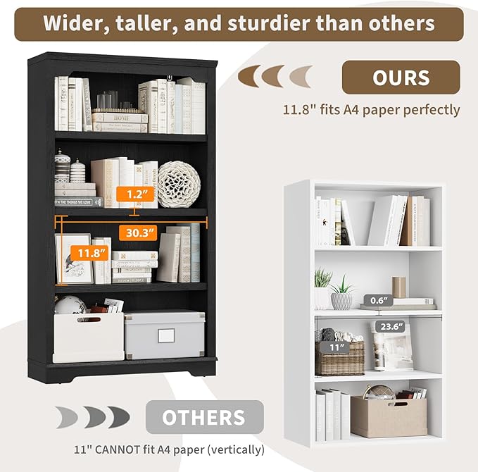 HIFYOBRO 4 Tier Bookshelf, 55 Inches Tall Bookcase, Wooden Book Shelf with Storage, Freestanding Open Display Bookshelves for Study Room, Home Office, Living Room (Black, 4-Shelf)